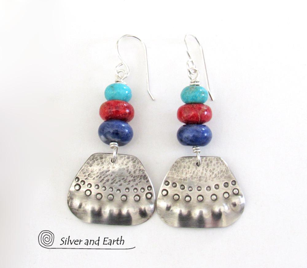 Sterling Silver Earrings with Turquoise, Coral & Sodalite - Multi-Stone Jewelry