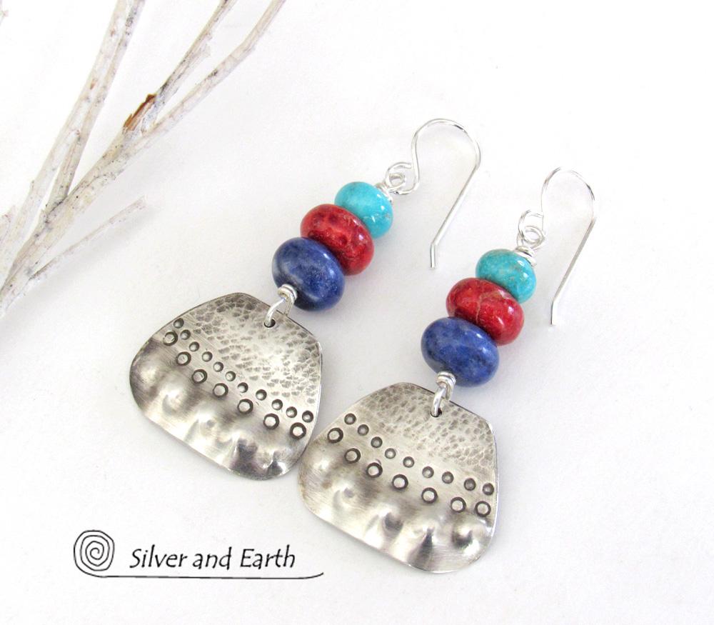 Sterling Silver Earrings with Turquoise, Coral & Sodalite - Multi-Stone Jewelry