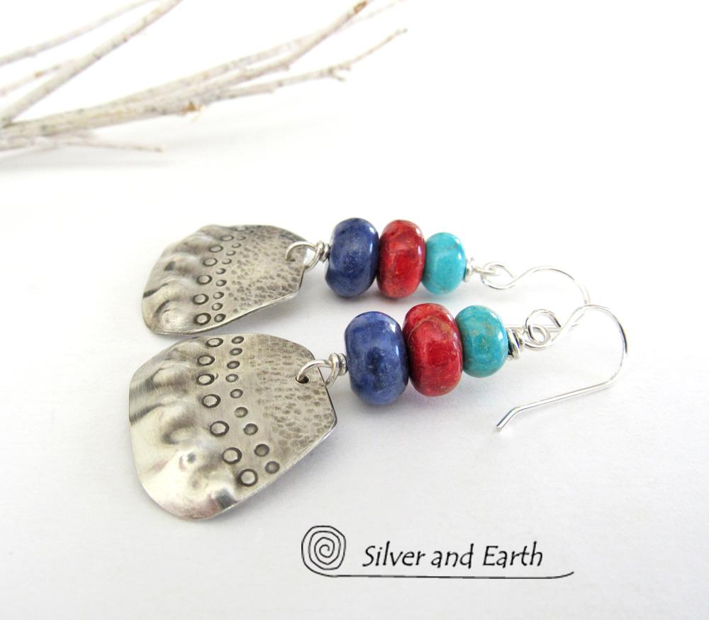 Sterling Silver Earrings with Turquoise, Coral & Sodalite - Multi-Stone Jewelry