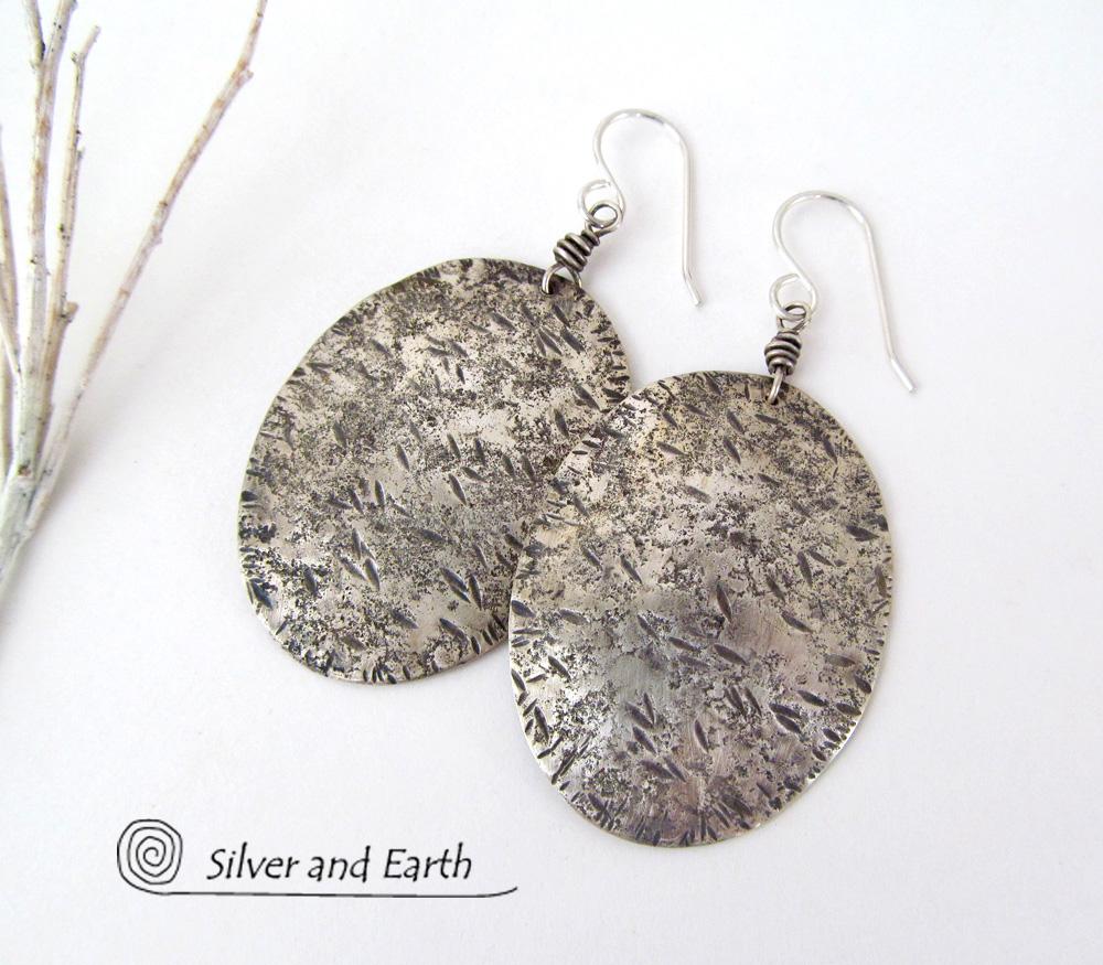 Large Sterling Silver Earrings with Rustic Earthy Organic Texture