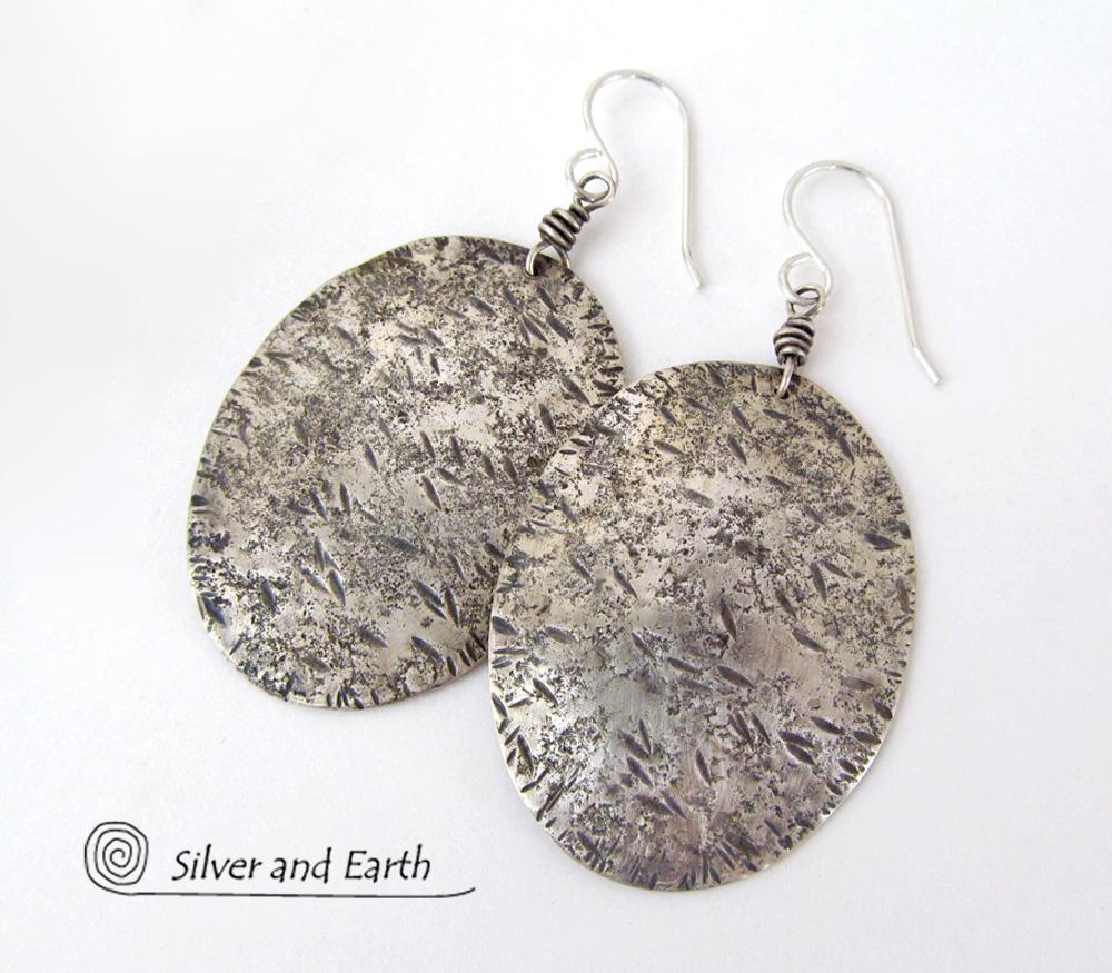 Large Sterling Silver Earrings with Rustic Earthy Organic Texture