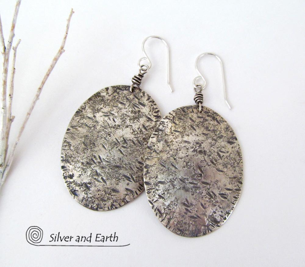 Large Sterling Silver Earrings with Rustic Earthy Organic Texture