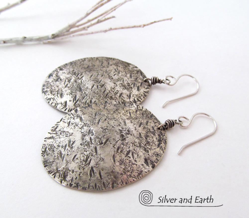 Large Sterling Silver Earrings with Rustic Earthy Organic Texture