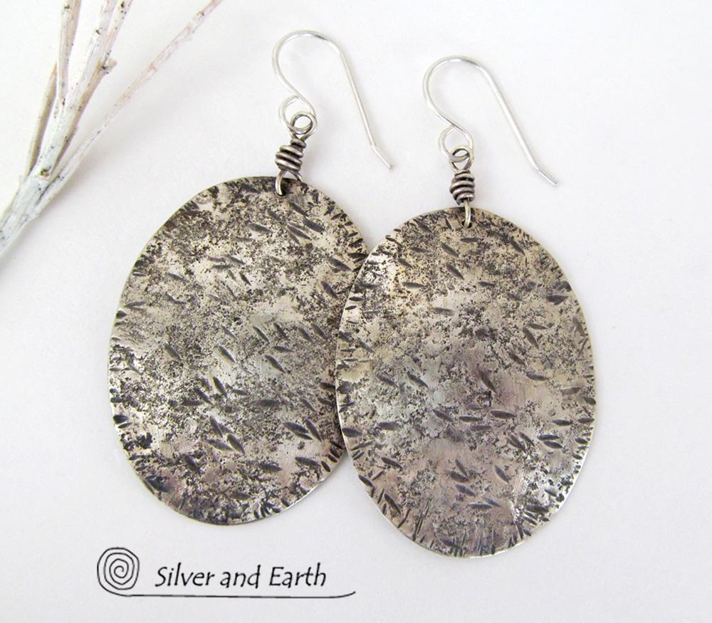 Large Sterling Silver Earrings with Rustic Earthy Organic Texture