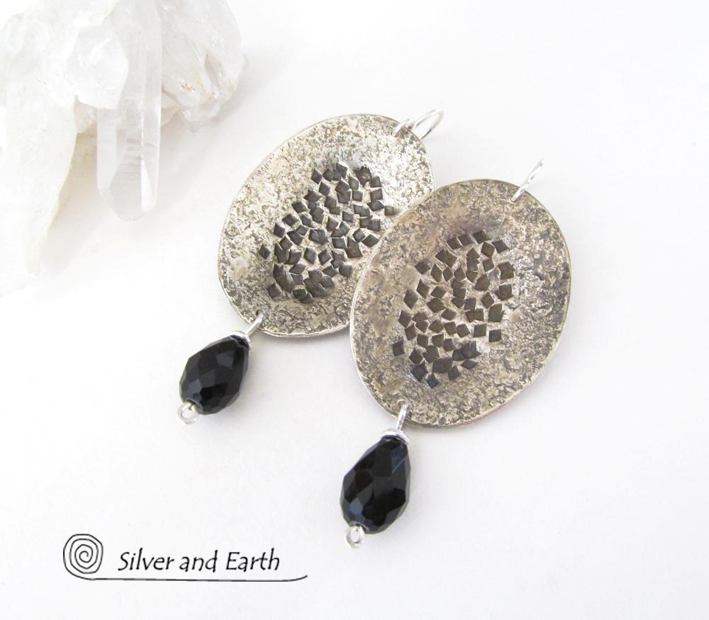 Hammered Modern Sterling Silver Dangle Earrings with Faceted Black Crystals