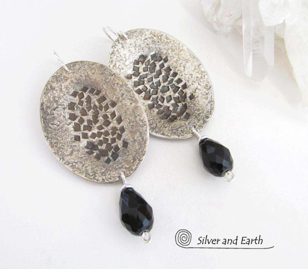 Hammered Modern Sterling Silver Dangle Earrings with Faceted Black Crystals