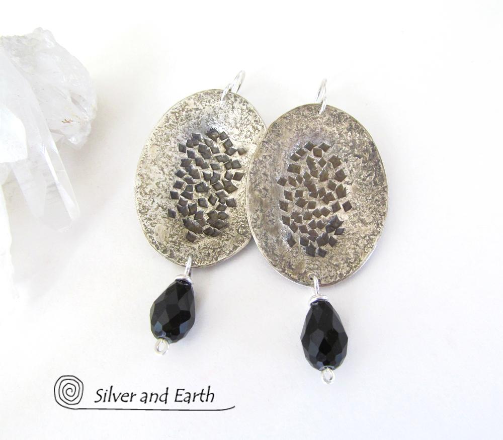 Hammered Modern Sterling Silver Dangle Earrings with Faceted Black Crystals