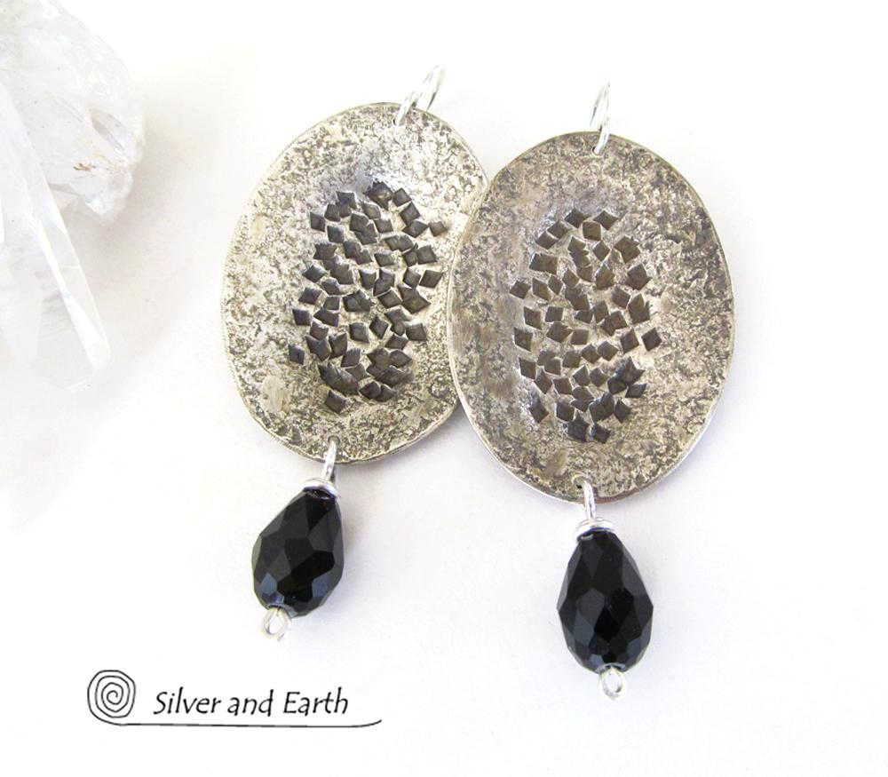 Hammered Modern Sterling Silver Dangle Earrings with Faceted Black Crystals
