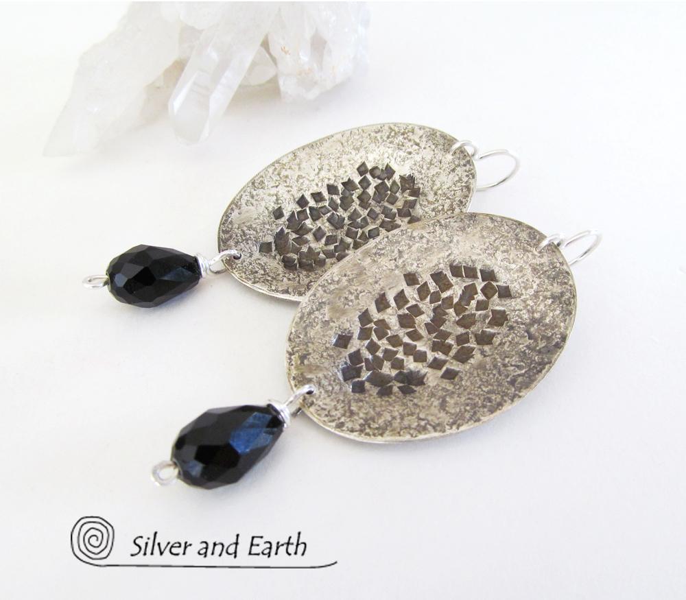 Hammered Modern Sterling Silver Dangle Earrings with Faceted Black Crystals