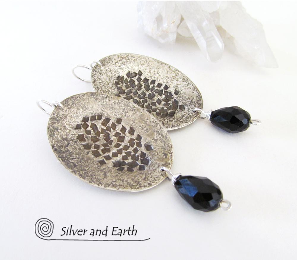Hammered Modern Sterling Silver Dangle Earrings with Faceted Black Crystals