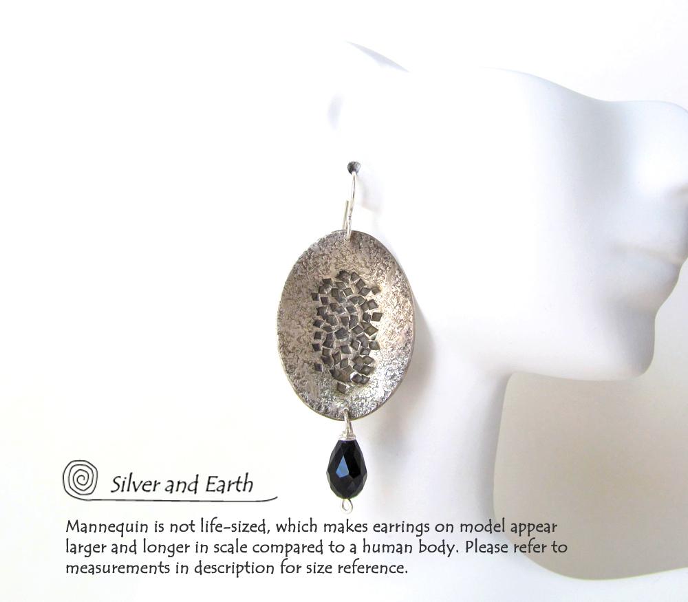Hammered Modern Sterling Silver Dangle Earrings with Faceted Black Crystals