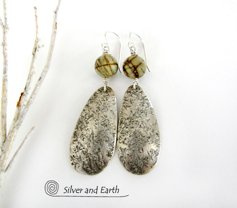 Sterling Silver Dangle Earrings with Jasper Stones - Modern Earthy Jewelry