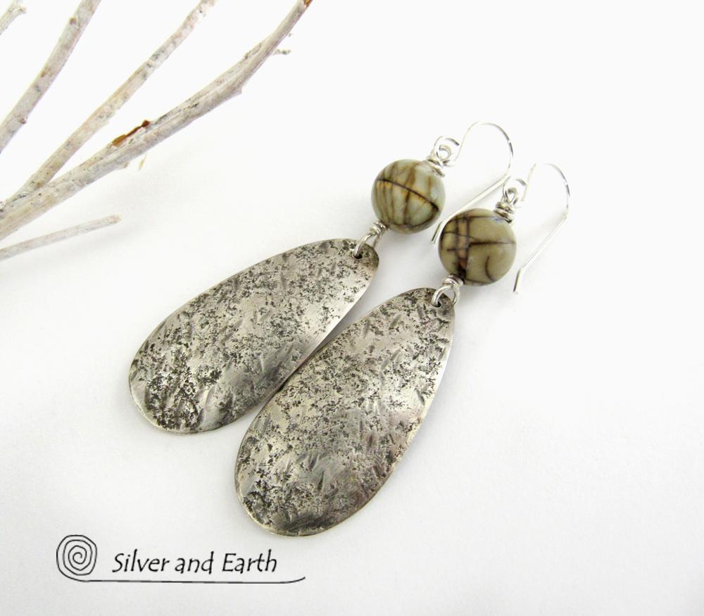 Sterling Silver Dangle Earrings with Jasper Stones - Modern Earthy Jewelry