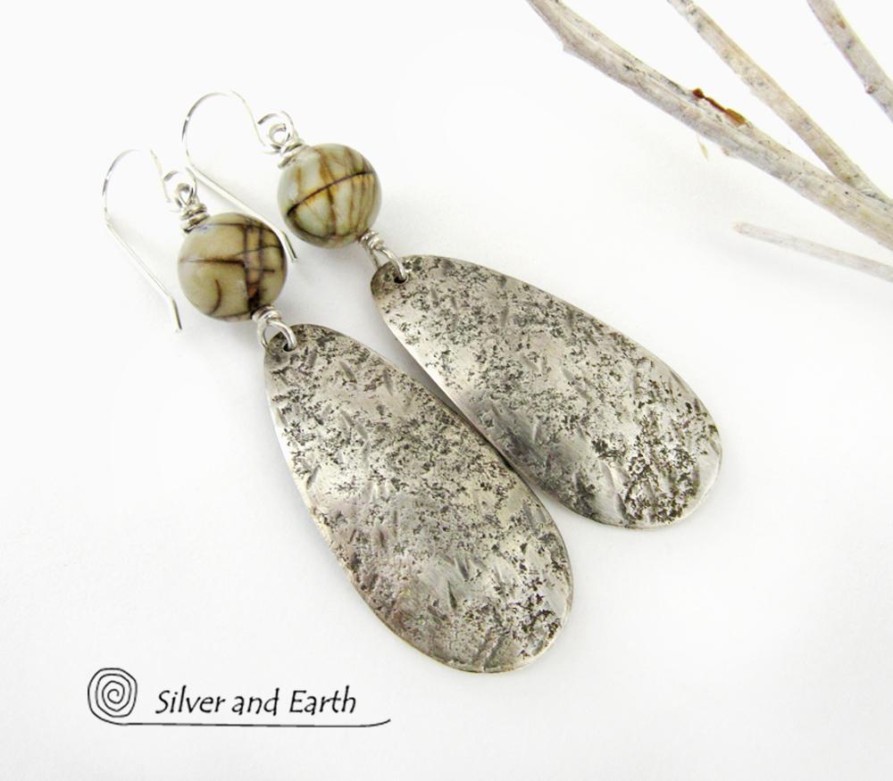 Sterling Silver Dangle Earrings with Jasper Stones - Modern Earthy Jewelry