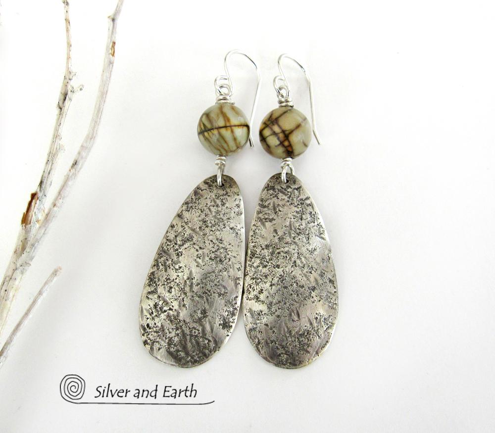 Sterling Silver Dangle Earrings with Jasper Stones - Modern Earthy Jewelry