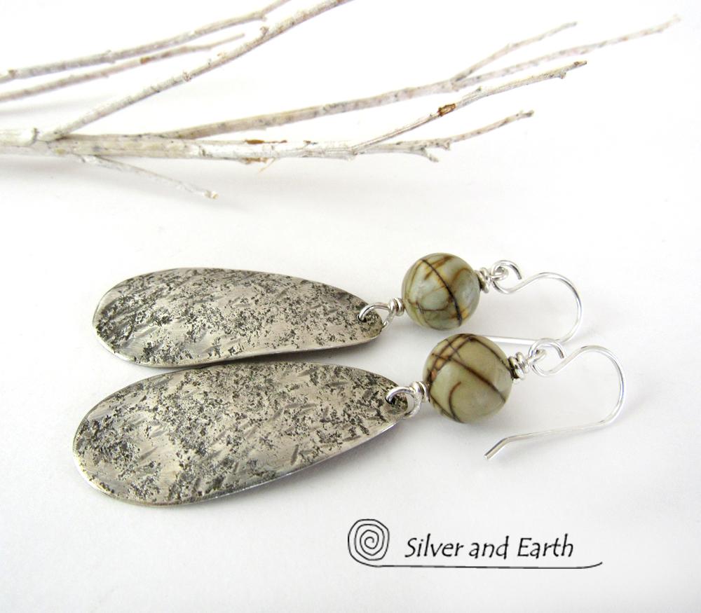 Sterling Silver Dangle Earrings with Jasper Stones - Modern Earthy Jewelry