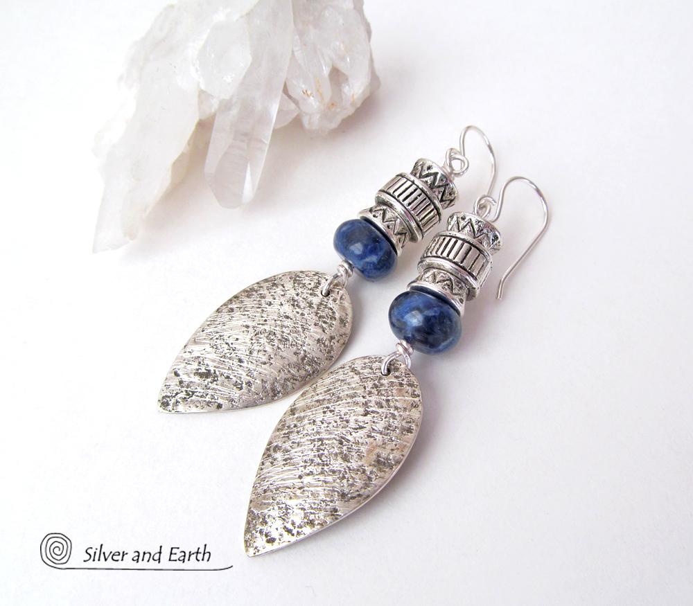Sterling Silver Earrings with Blue Sodalite Stones - Modern Southwestern Jewelry