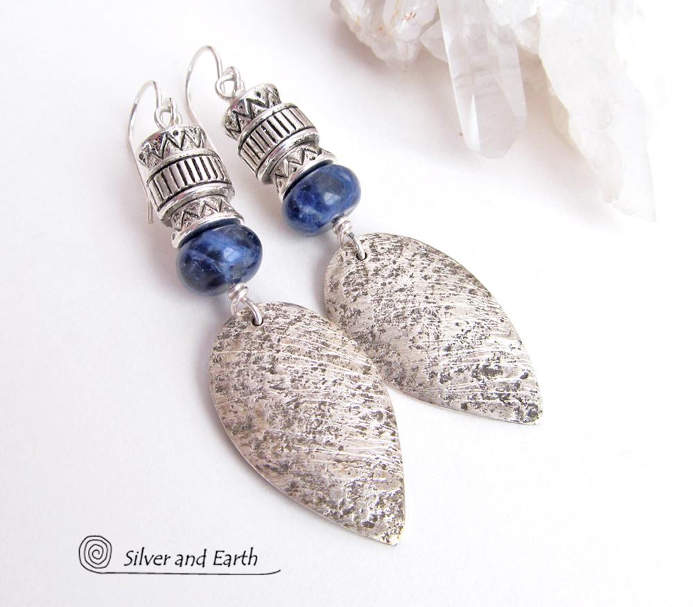 Sterling Silver Earrings with Blue Sodalite Stones - Modern Southwestern Jewelry