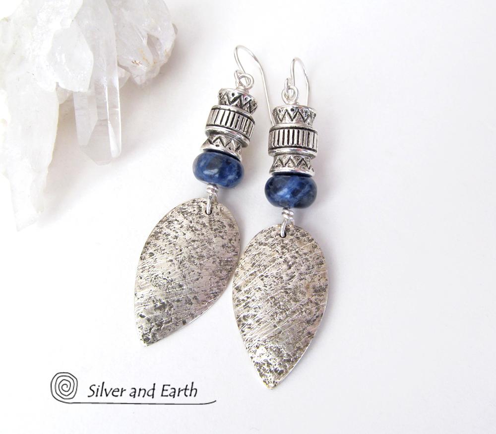 Sterling Silver Earrings with Blue Sodalite Stones - Modern Southwestern Jewelry