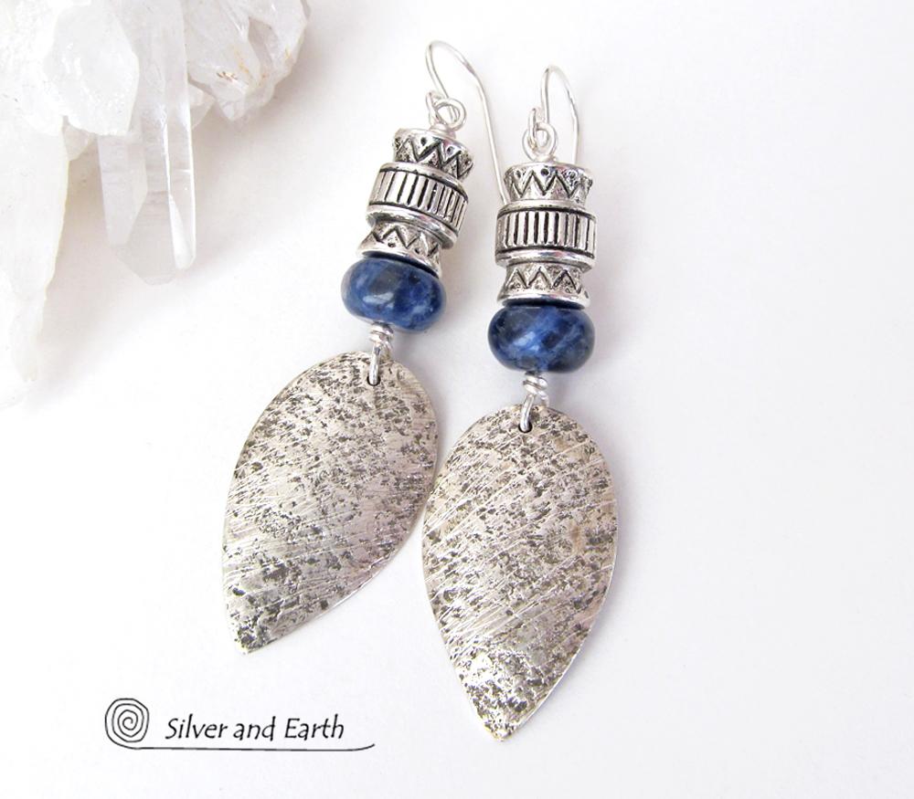 Sterling Silver Earrings with Blue Sodalite Stones - Modern Southwestern Jewelry