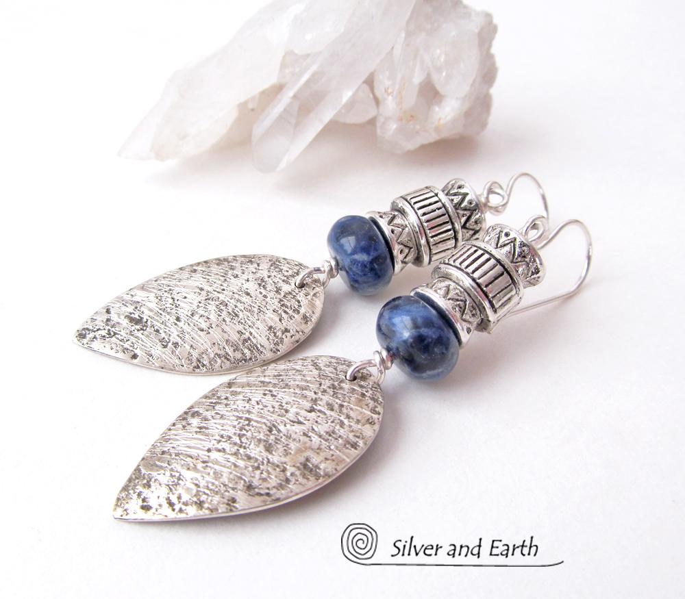 Sterling Silver Earrings with Blue Sodalite Stones - Modern Southwestern Jewelry