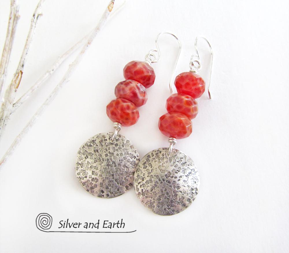 Round Sterling Silver Dangle Earrings with Orange Fire Agate Gemstones