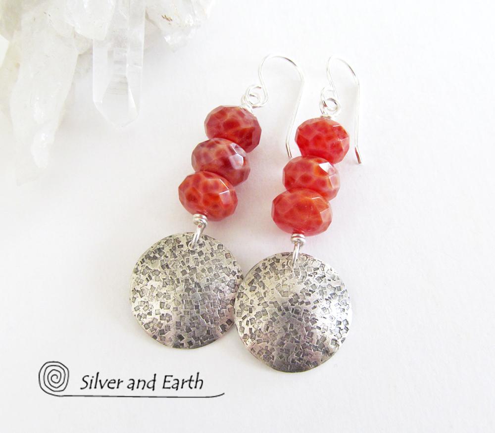 Round Sterling Silver Dangle Earrings with Orange Fire Agate Gemstones
