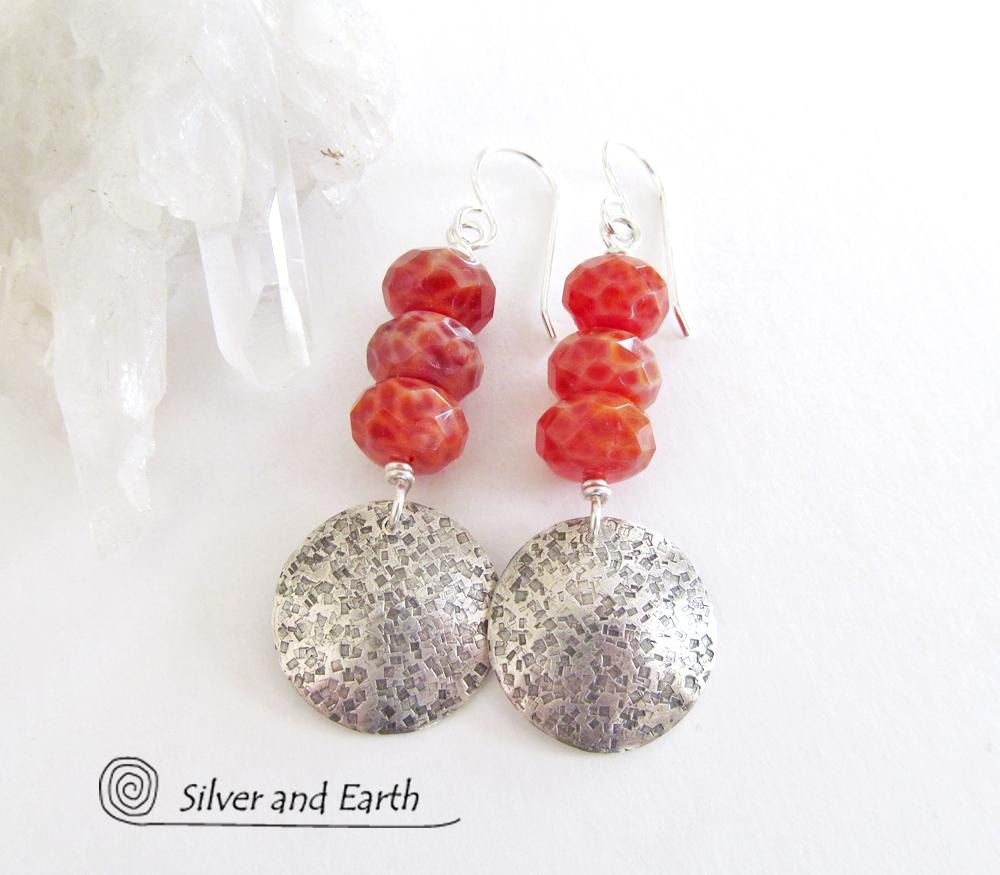 Round Sterling Silver Dangle Earrings with Orange Fire Agate Gemstones