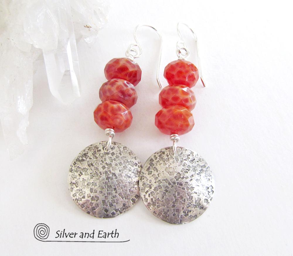 Round Sterling Silver Dangle Earrings with Orange Fire Agate Gemstones