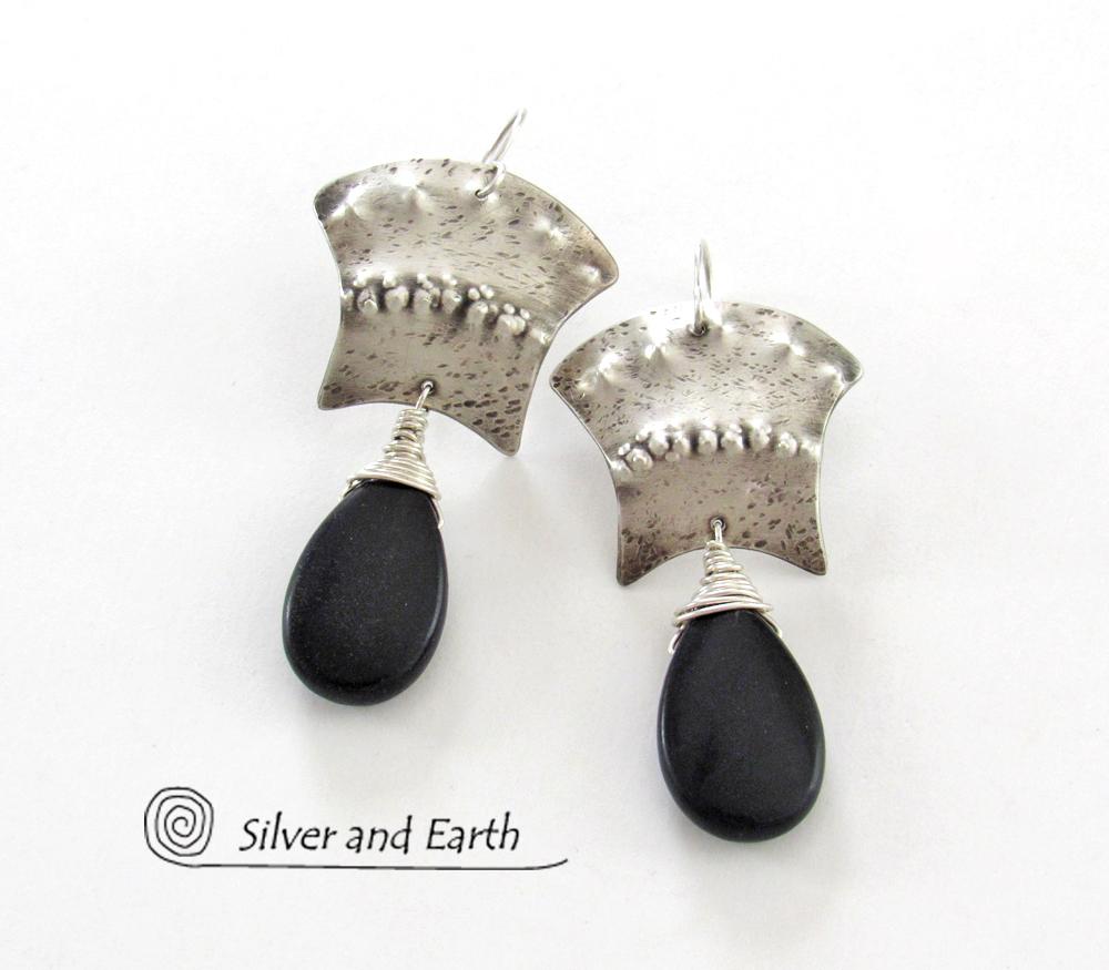 Sterling Silver Egyptian Earrings with Black Onyx Gemstone - Bold Exotic Jewelry