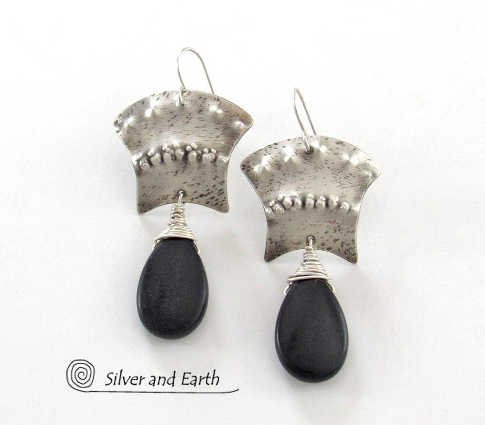 Sterling Silver Egyptian Earrings with Black Onyx Gemstone - Bold Exotic Jewelry