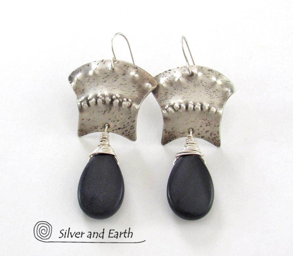 Sterling Silver Egyptian Earrings with Black Onyx Gemstone - Bold Exotic Jewelry