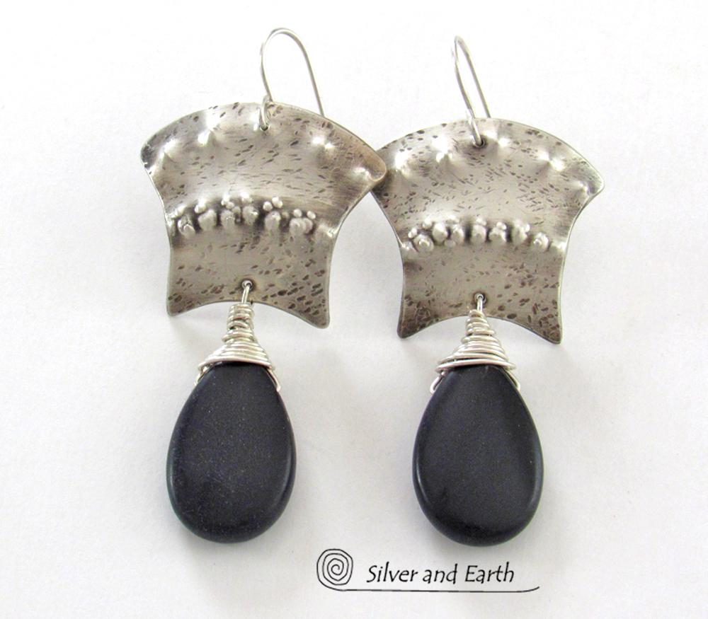 Sterling Silver Egyptian Earrings with Black Onyx Gemstone - Bold Exotic Jewelry