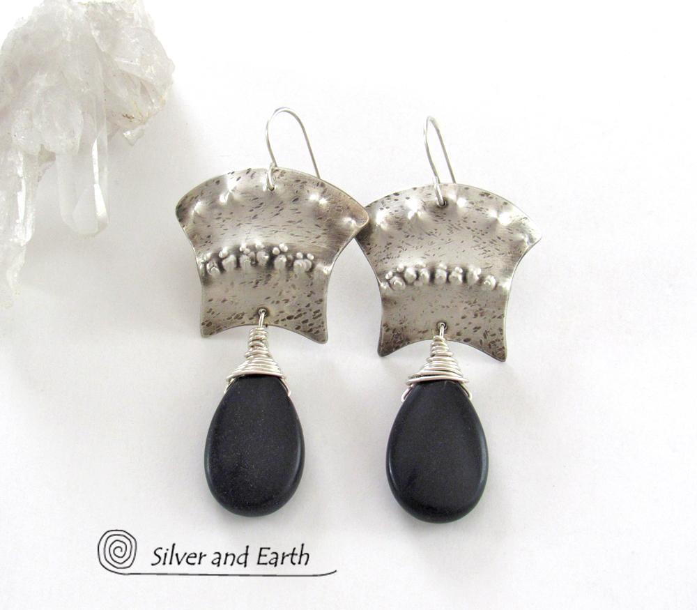 Sterling Silver Egyptian Earrings with Black Onyx Gemstone - Bold Exotic Jewelry