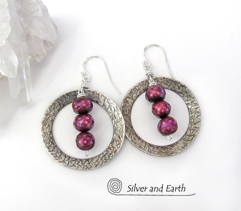 Sterling Silver Hoop Earrings with Faceted Burgundy Pearls - Dressy Jewelry