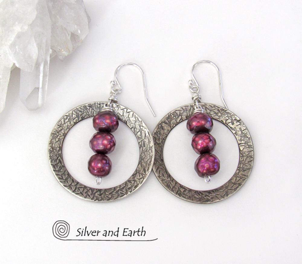 Sterling Silver Hoop Earrings with Faceted Burgundy Pearls - Dressy Jewelry
