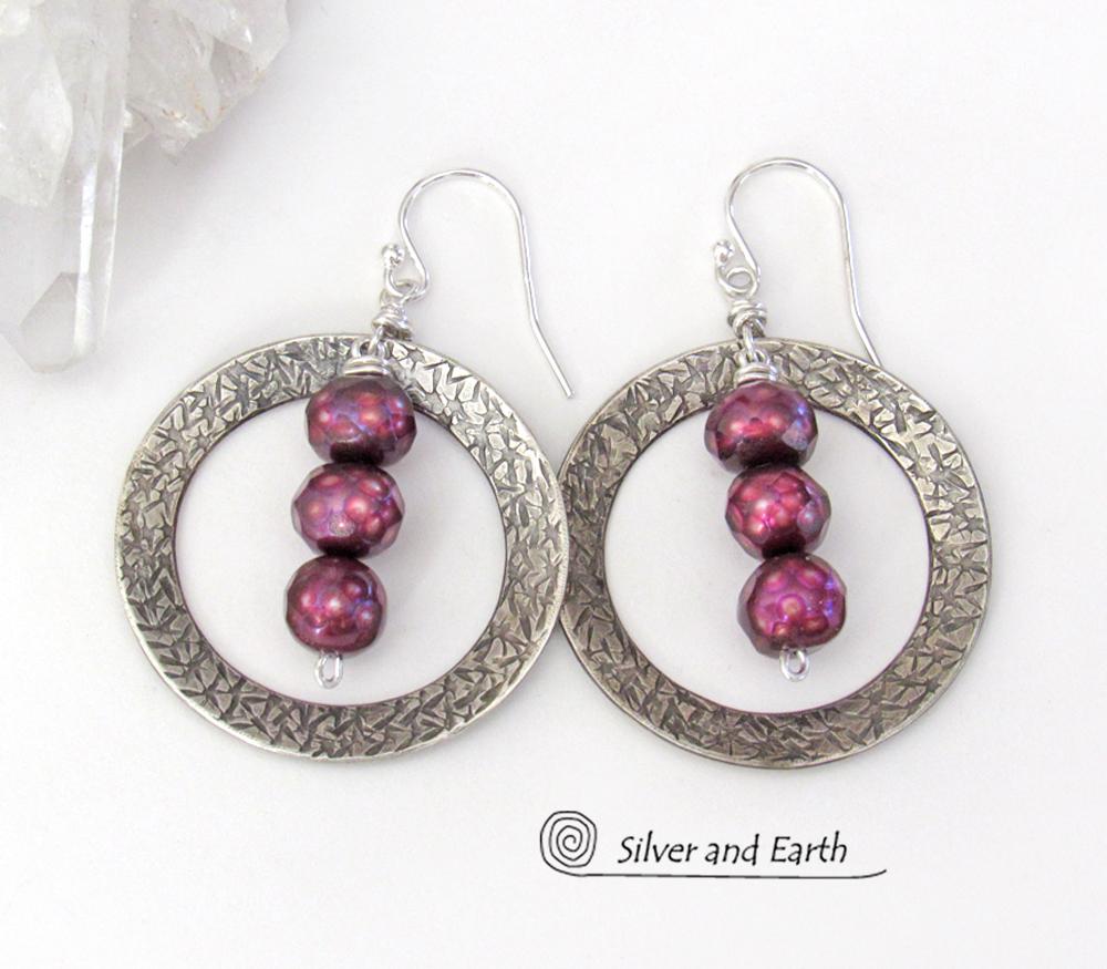 Sterling Silver Hoop Earrings with Faceted Burgundy Pearls - Dressy Jewelry