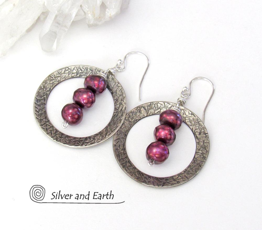 Sterling Silver Hoop Earrings with Faceted Burgundy Pearls - Dressy Jewelry