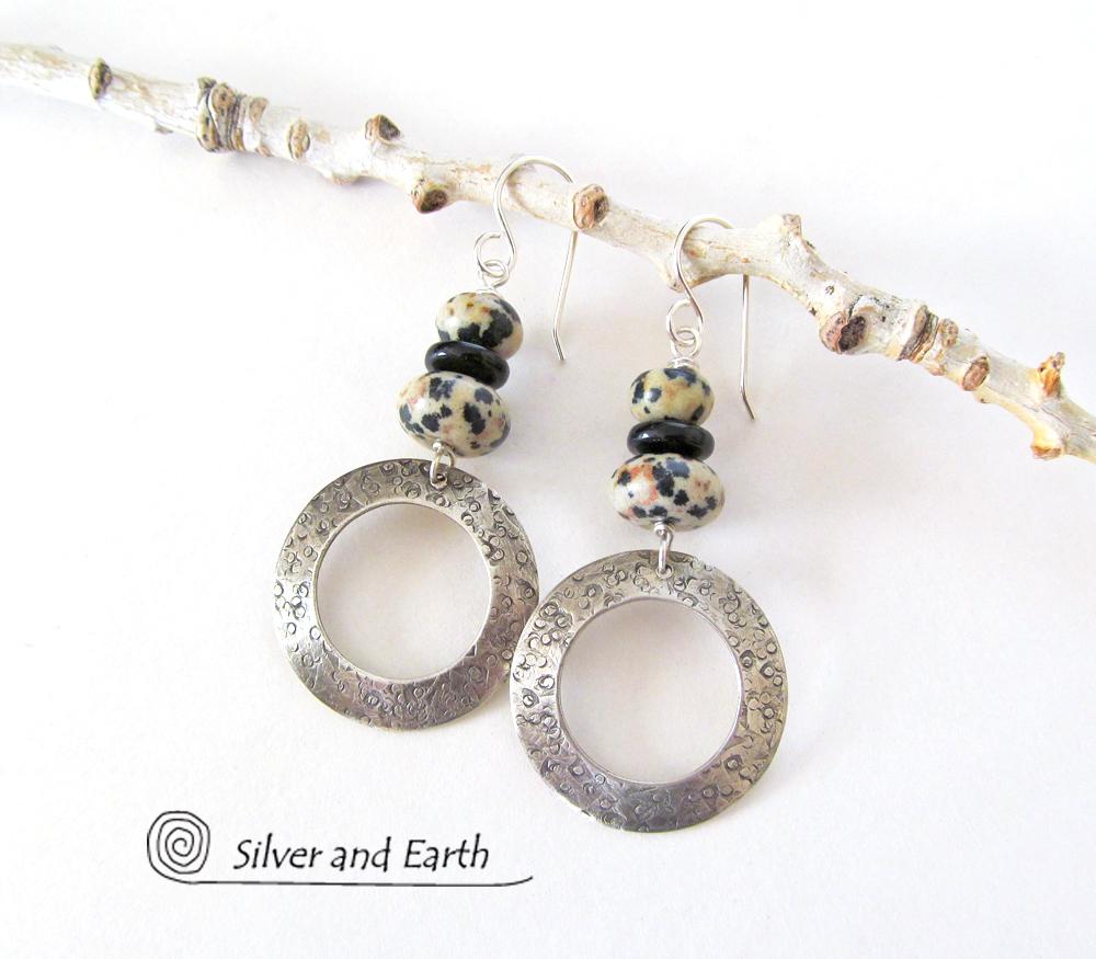 Sterling Silver Hoop Earrings with Dalmatian Jasper Stones