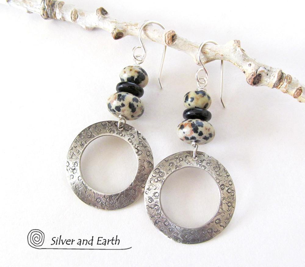 Sterling Silver Hoop Earrings with Dalmatian Jasper Stones