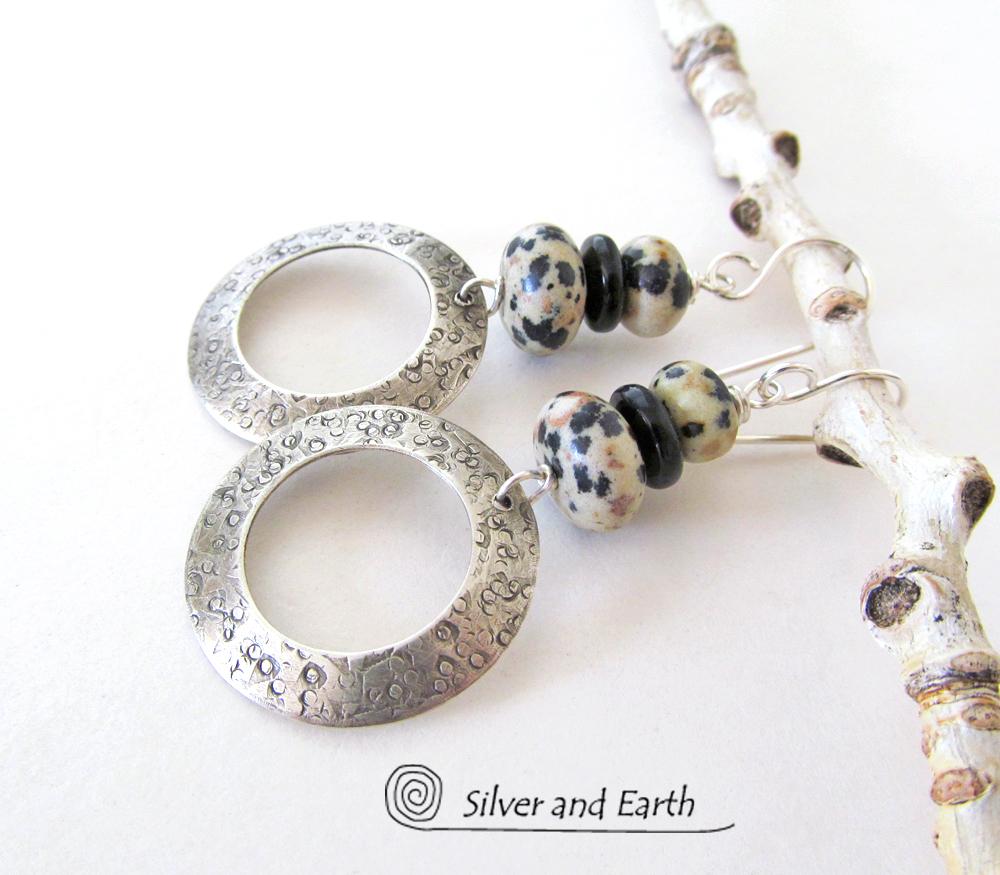 Sterling Silver Hoop Earrings with Dalmatian Jasper Stones