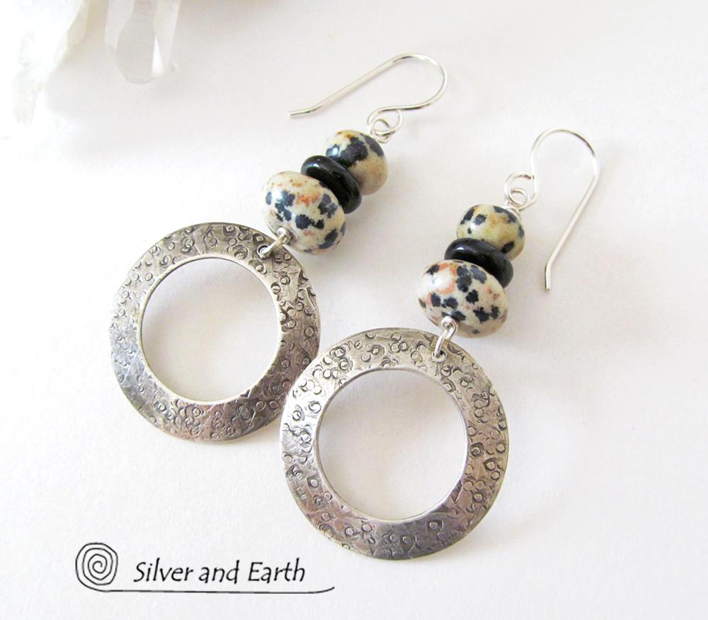 Sterling Silver Hoop Earrings with Dalmatian Jasper Stones