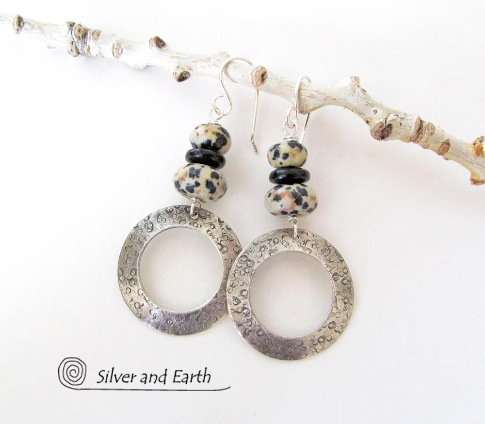 Sterling Silver Hoop Earrings with Dalmatian Jasper Stones
