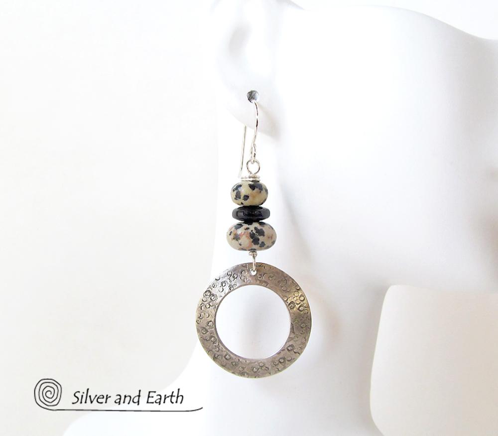 Sterling Silver Hoop Earrings with Dalmatian Jasper Stones
