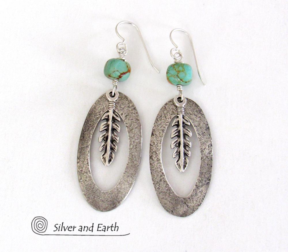 Sterling Silver Hoop Earrings with Turquoise and Feathers - Southwest Jewelry