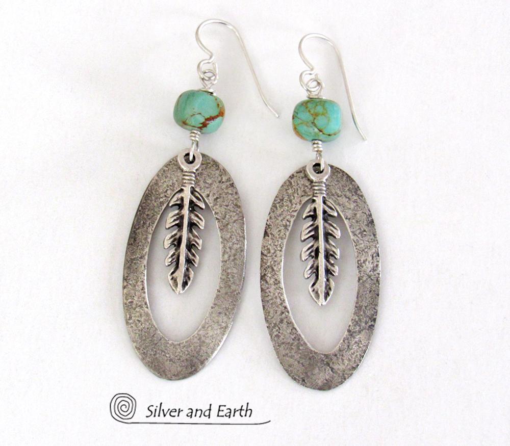 Sterling Silver Hoop Earrings with Turquoise and Feathers - Southwest Jewelry