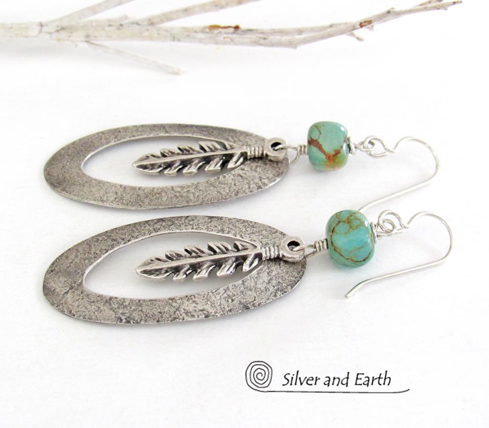 Sterling Silver Hoop Earrings with Turquoise and Feathers - Southwest Jewelry