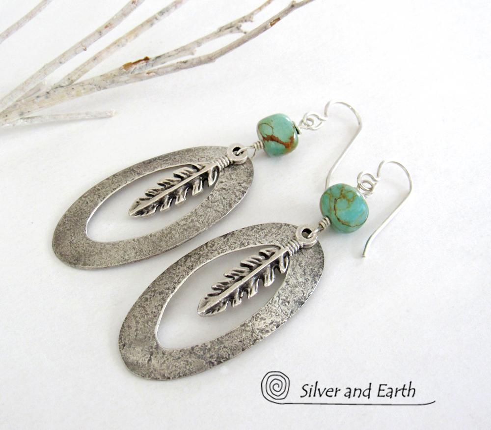 Sterling Silver Hoop Earrings with Turquoise and Feathers - Southwest Jewelry