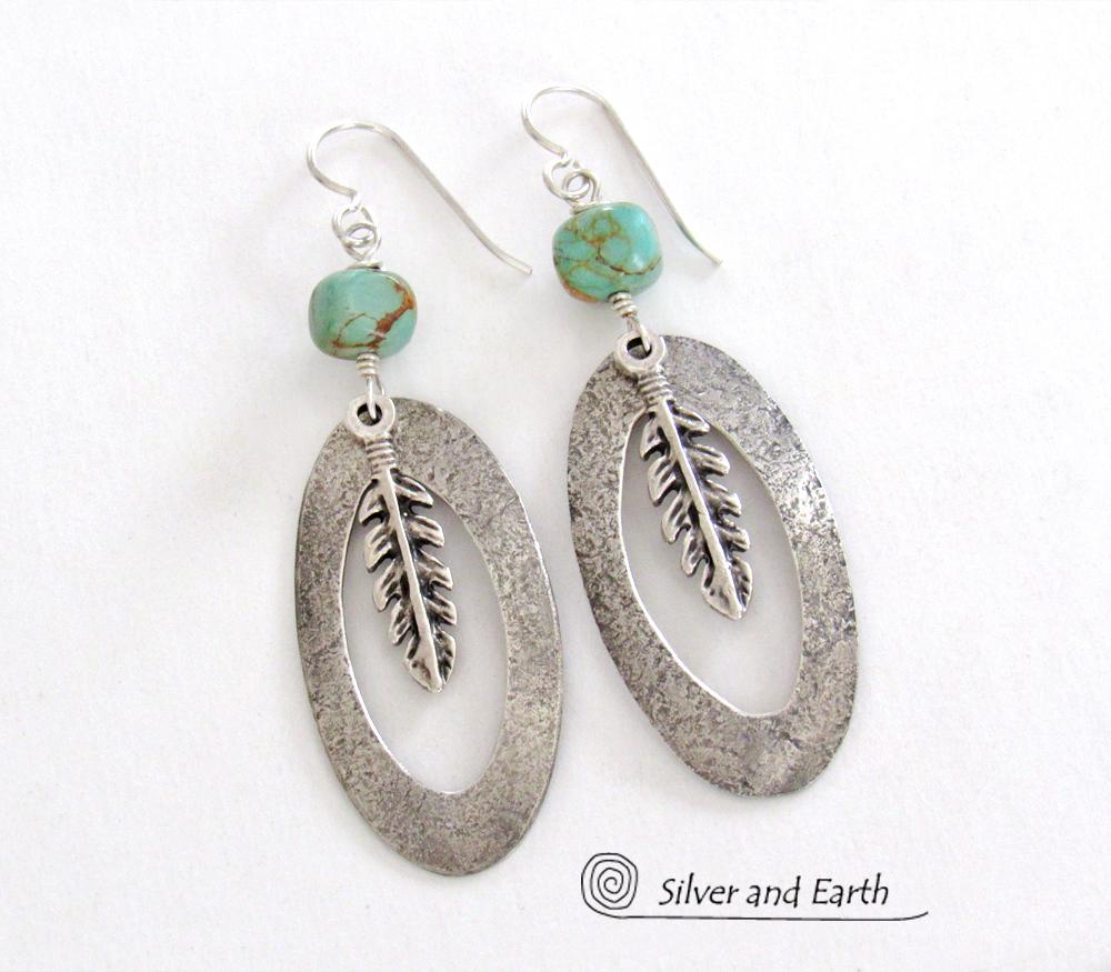 Sterling Silver Hoop Earrings with Turquoise and Feathers - Southwest Jewelry