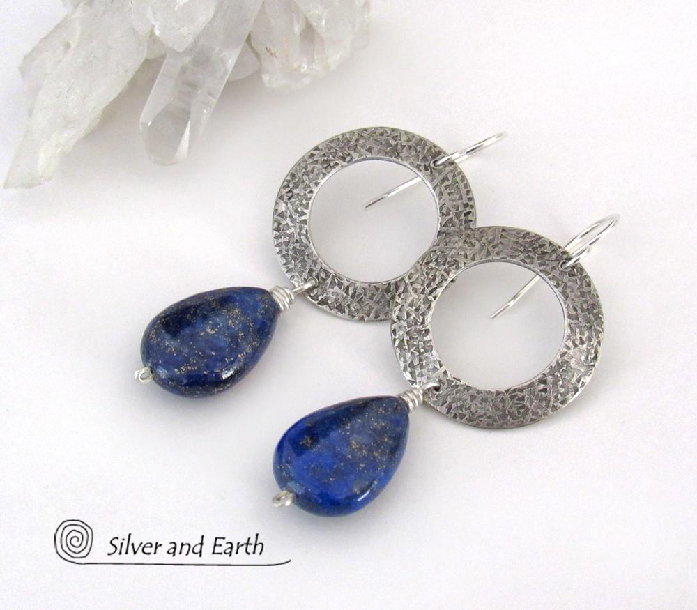 Modern Sterling Silver Earrings with Blue Lapis Lazuli Gemstones